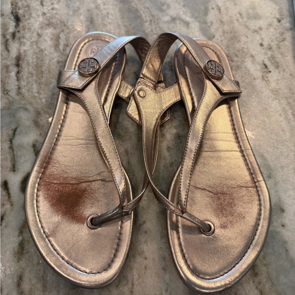 Tory Burch Rose Gold Foldable Metallic Sandals
